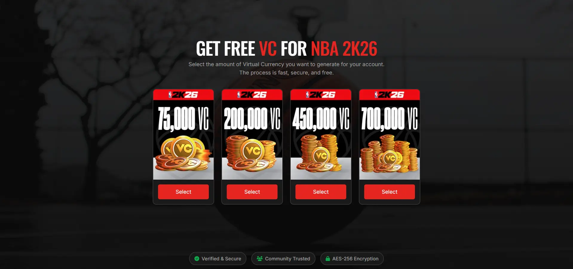 Screenshot of the 2k26Adder free VC generator interface, showing the username input field and platform selection for NBA 2K26.